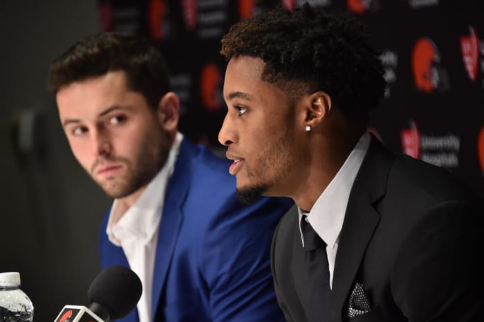 Baker Mayfield (left) and Denzel Ward speak after both being selected by the Cleveland Browns in the first round of the 2018 NFL Draft.