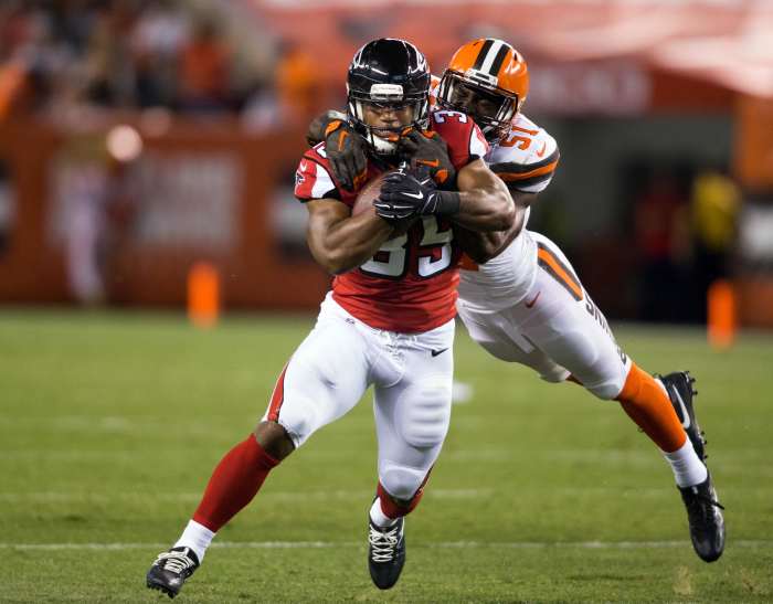 Former Cleveland Browns linebacker, Barkevious Mingo, makes a tackle against the Atlanta Falcons in the 2016 preseason. Mingo never lived up to expectations as the team's top draft pick in 2013.