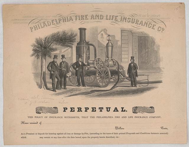 Philadelphia fire and life insurance co. Perpetual, engraved by J. McGoffin at 84 Chestnut St. While not the steam engine that was the cause of the accident, this likeness shows the kind of engine that was around in the time period.