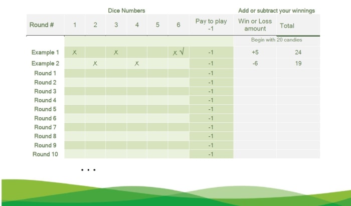 Risk Versus Return Game Sheet. Click on the image to view it full size, then right-click the image to save it. You can paste it into a word processor and print it from there.