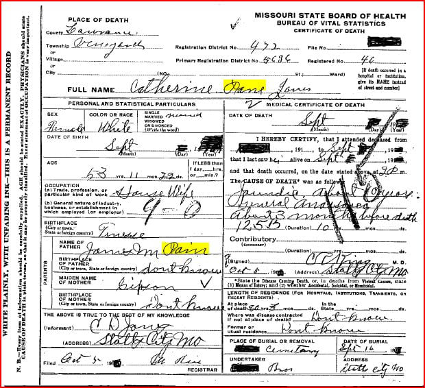 An example of surname variation in historical records. Note the highlighted names are variants of the same surname, which in this case is misspelled both times -- it should be "Payne" (per the author's research -- some info covered for privacy.)