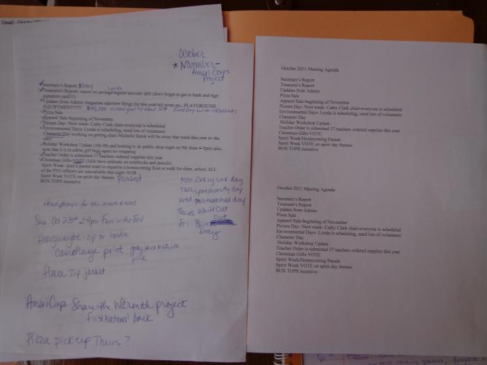 On the right hand side is a simplified agenda that is given to parents. On the left hand side is the PTA president's more in depth notes with the agenda.