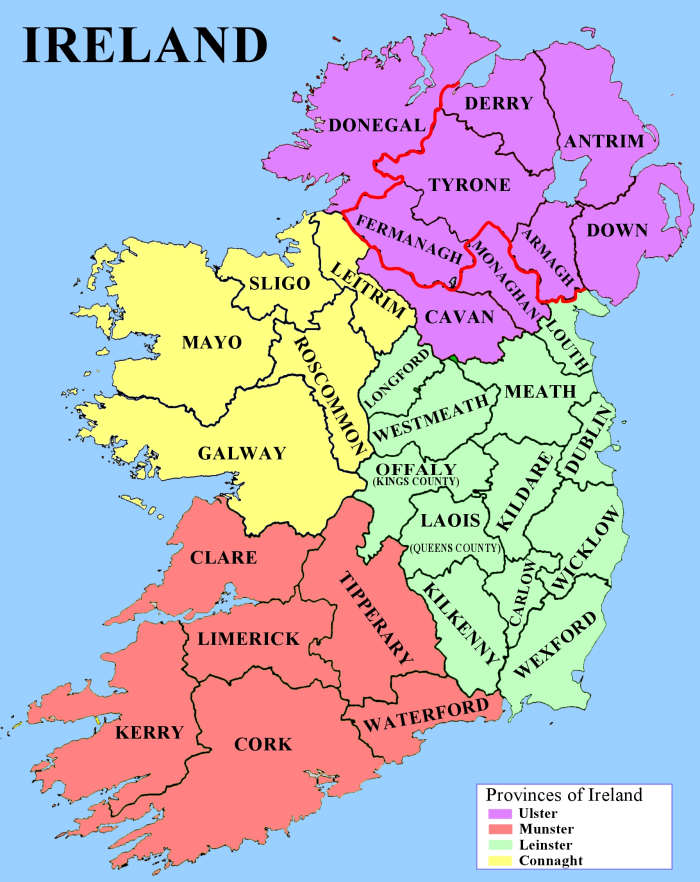 Counties and provinces of Ireland - Border between Northern Ireland and Republic of Ireland indicated by red line