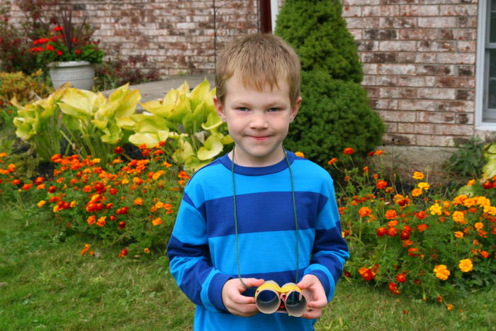 The author's six year old son used duct tape to make his own set of binoculars.