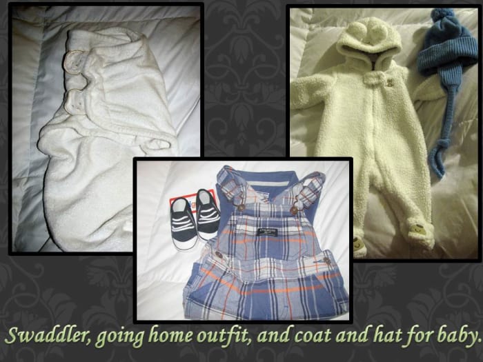 A few things you can bring for baby: swaddler, going home outfit, and a coat and hat (for the chilly months).