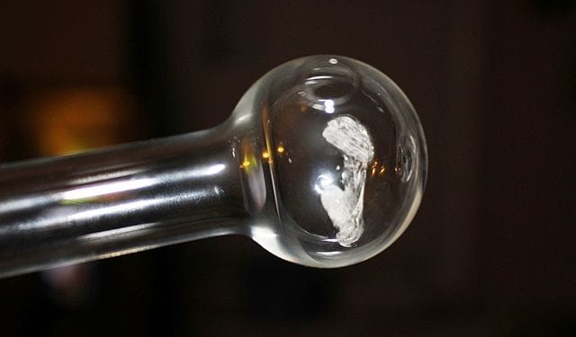 Meth "shards" inside a pipe. The crystallized drug turns into a vapor at low temperatures and is inhaled directly.
