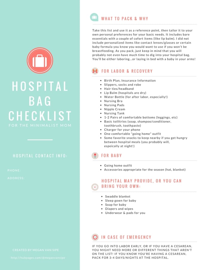 Hospital Bag Checklist for the Minimalist Mom - - - Print this checklist and be sure to pack your bag by 36 weeks at the latest!
