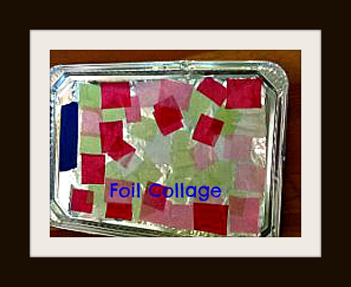 Foil collage shines and sparkles! This one was made by a preschooler with tissue paper squares and glue.