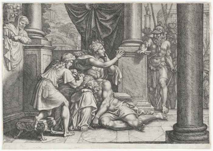 Delilah, with Samson asleep on her lap and a barber cutting his hair, gestures to the Philistine rulers to be quiet as they come to capture him.