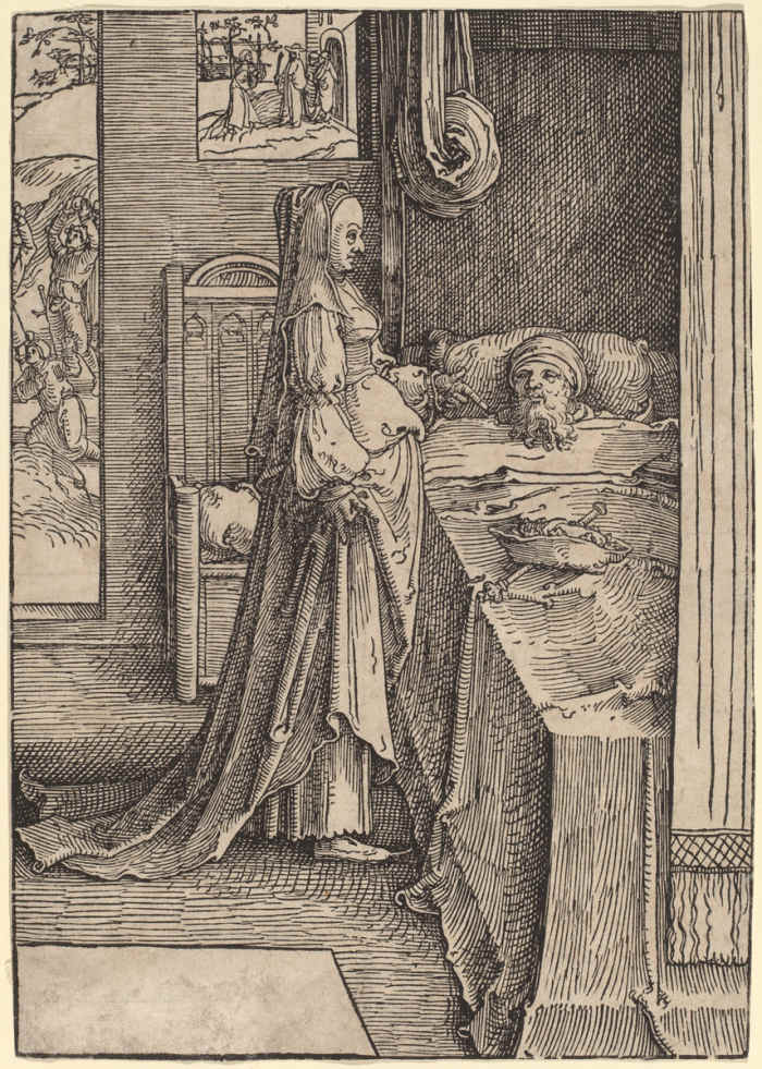 "Jezebel Promising Naboth's Vineyard to King Ahab," who is in bed sulking. A very sixteenth century, Dutch version of this scene.