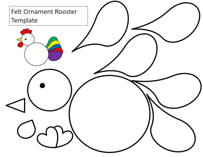 Here is the circles and teardrop rooster template. I've put all the tail feathers separate so that you can cut each out of a different color piece of paper or felt.