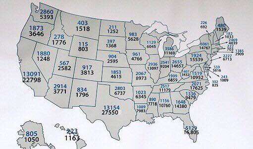 The top number represents the number of children waiting in foster care in that state that can be adopted. The bottom number represents the number of churches in that state.