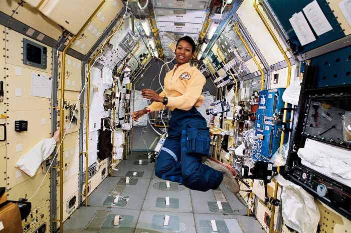 Mae Jemison on board the Spacelab Japan science module, on the Earth-orbiting Endeavor space shuttle.