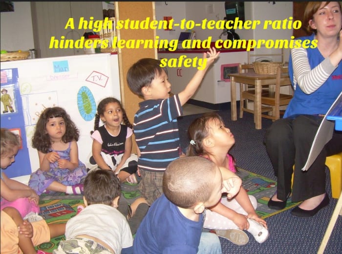 There should never be more than 10 children per adult at preschool. That number should be reduced when there are students with special needs in the group.