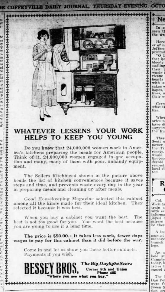 The Coffeyville Daily Journal (Coffeyville, Kansas) 03 Oct 1918, Thu • Page 3 - My grandmother married in 1918. I can picture her having a kitchen like this.