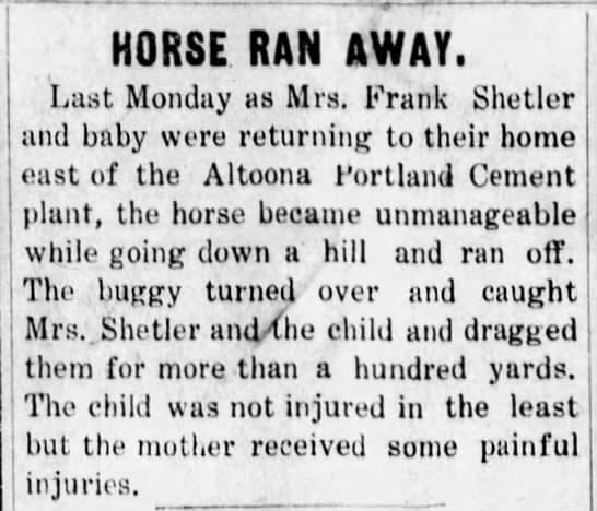 Story about a runaway horse ending in a buggy accident for a mother and child. Altoona Tribune (Altoona, Kansas) 11 Aug 1910, Thu • Page 1