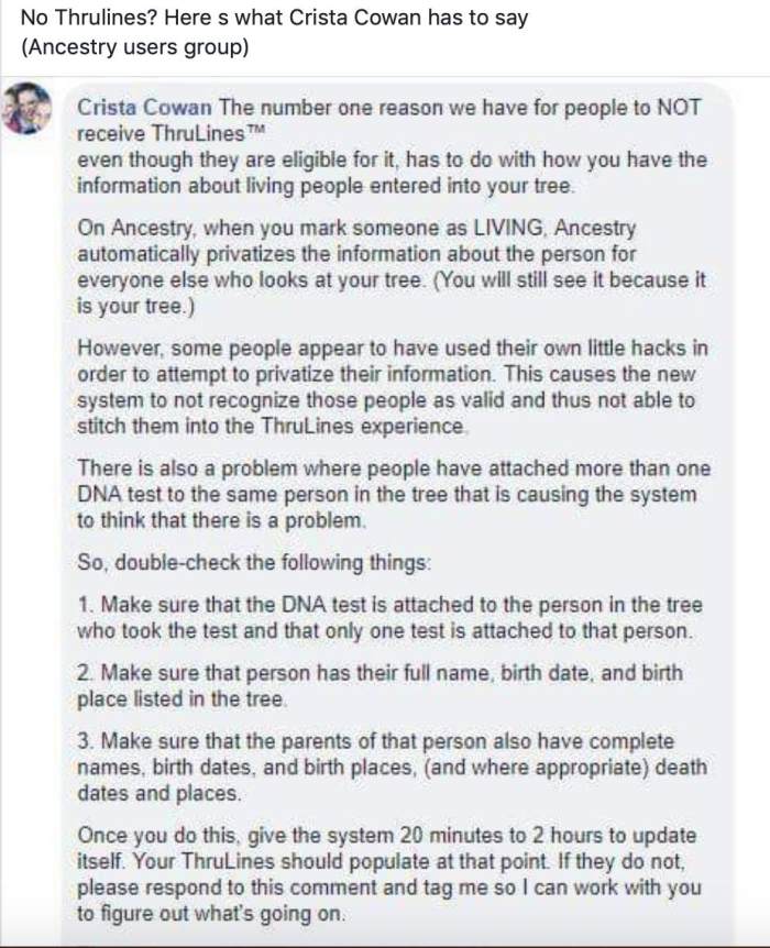 Here are hints given in the Ancestry user group on troubleshooting if you aren't finding Thrulines on your DNA results.