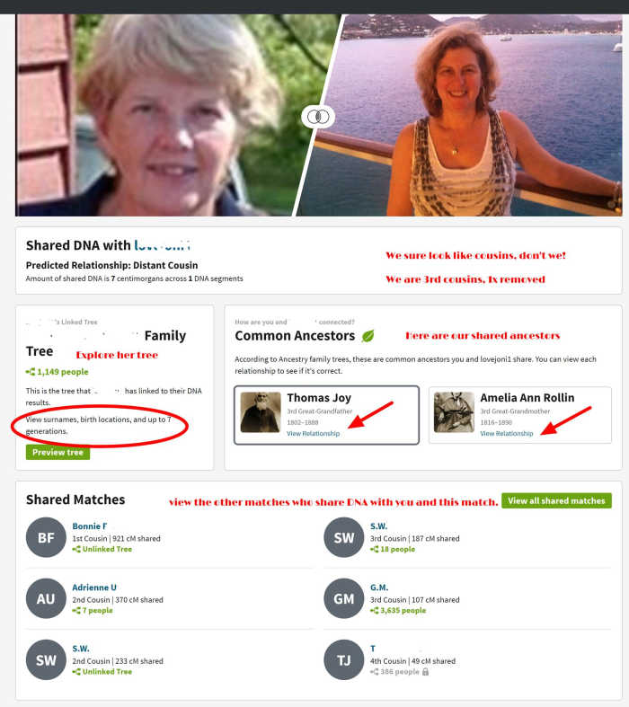 Click on the arrows to see the line from them to your common ancestor. The other names are DNA matches that both of you connect to.