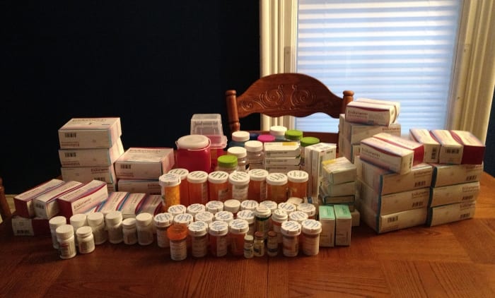 My meds (minus one month I had already recycled the packaging of before thinking to save for a "group photo") from the infertility treatments to get pregnant one time.