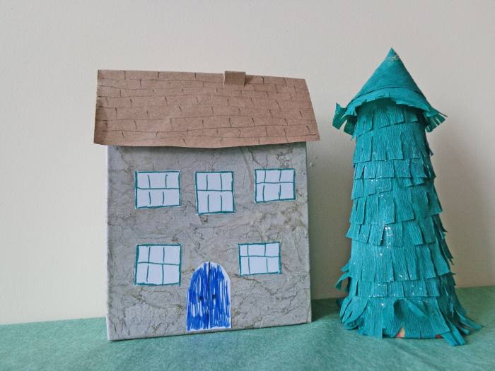 Children can design a doll house from a cardboard box. They can make furnishings inside from all kinds of household items.