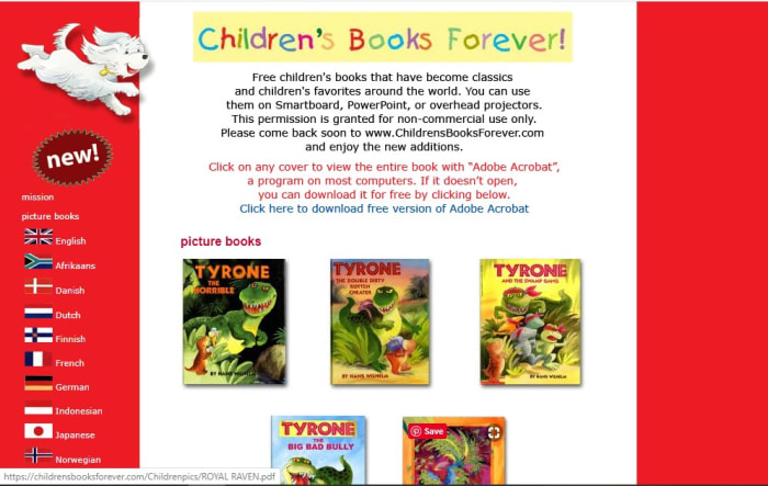 Sample screen from the site Children's Books Forever which offers 9 free titles from the author Hans Wilhelm.