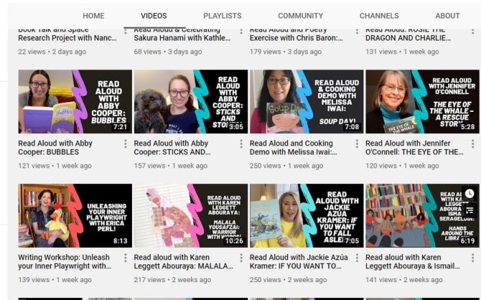 Sample screen for the Authors Everywhere website which features authors reading their works and sometimes demonstrating activities to go with them.