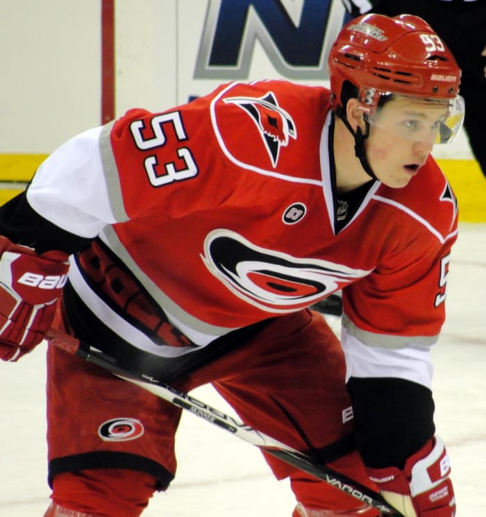 Carolina Hurricanes forward Jeff Skinner awaits the faceoff. He was one of many NHL players to receive a concussion last year.
