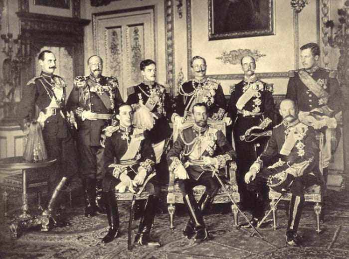 Nine European sovereigns in 1910 (Edward VII's funeral): Haakon, Ferdinand, Manuel, Wilhelm, George, Albert, Alfonso, another George and a Frederick.
