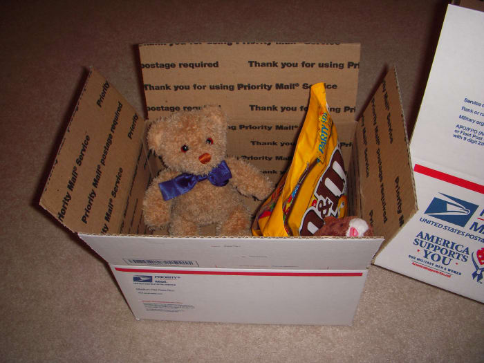 Stuffed friends from home, particularly when accompanied by candy, make a nice care package.