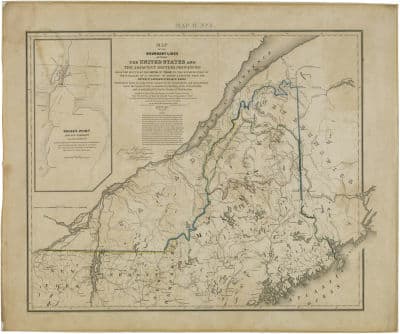 "General Map of the Disputed Area Showing British and United States Boundary Claims and the Line Agreed on by the Treaty of 1842". It took fifty years (after the Treaty of Paris) for this final line of demarcation to be drawn.