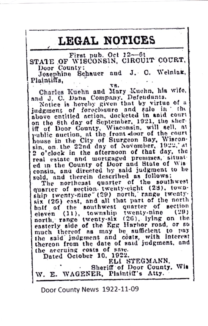 Legal notice regarding my grandfather Charles August Kuehn mortgaged farm's foreclosure.