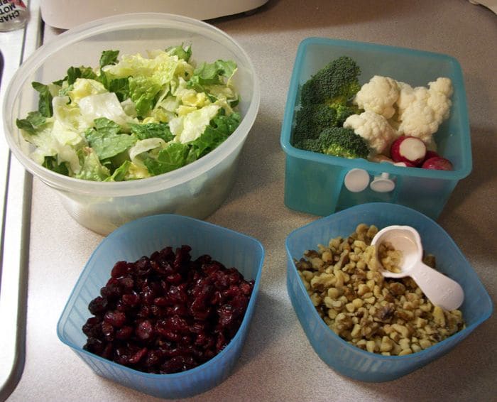 I like to keep everything already prepared in the fridge. It makes it quick and easy to make this salad. I start by setting everything out on the counter.