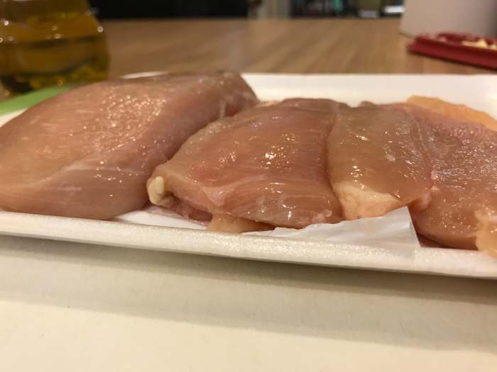 Make sure your breasts are all the same size. If one is much bigger than the others, pound it or cut it so that they all cook evenly.