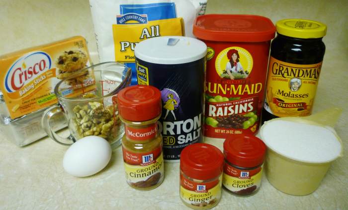 Here I have gathered the ingredients to make these raisin molasses sugar cookies (baking soda not shown).