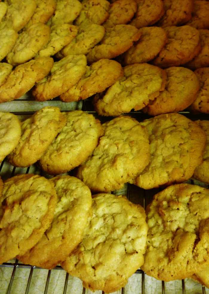 Cool the Wheaties cookies on racks. The ones pictured here have cooled a bit and stacked until thoroughly cooled and ready to be packaged.