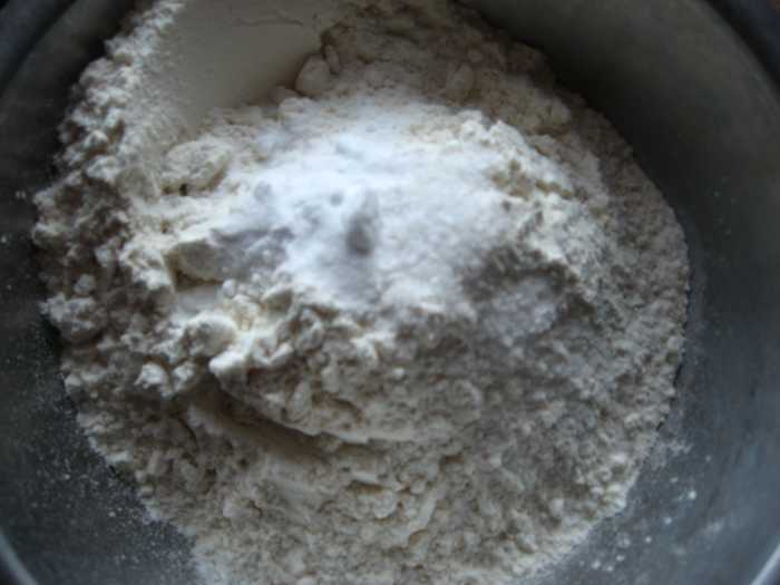 Flour, baking soda and salt consolidated in one container to save you time. Whisk to incorporate before adding to mixer.