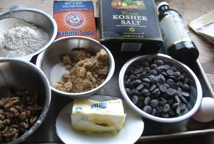Your cookie batter mise en place (i.e., get everything in place and organized so you don't forget anything or make an error in weighing or measuring ingredients).