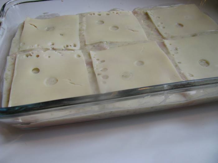 Place slices of Swiss cheese on top of the soup and chicken
