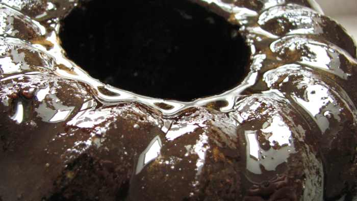 The dark chocolate cake, just glazed with the strong coffee-Kahlua syrup.