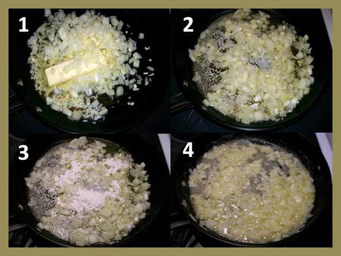 Making the Roux 1. Melt butter and add onions and garlic. 2. Stir until translucent. 3. Slowly add flour. 4. Stir until thick, then add to the soup pot.