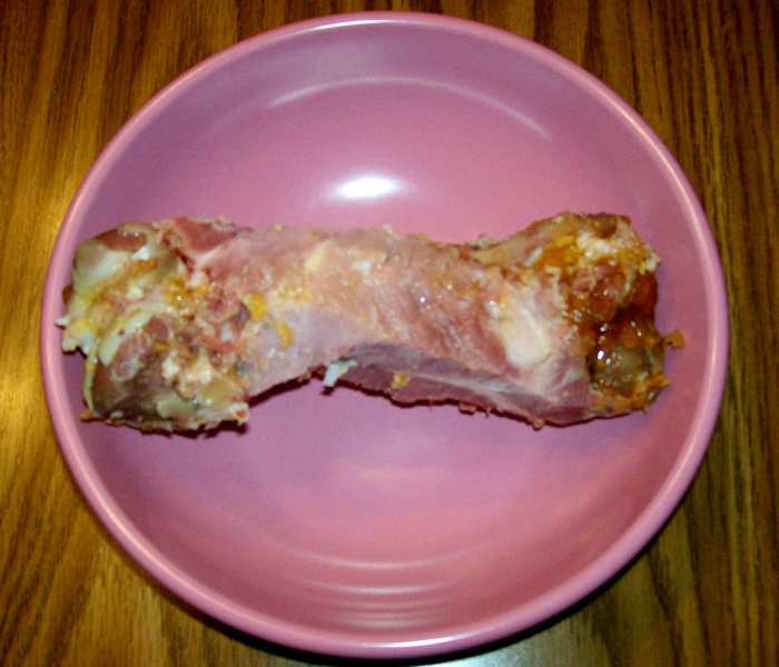 Ham bone ready for soup. It is okay to leave some ham on the bone. It will fall off in the cooking process.