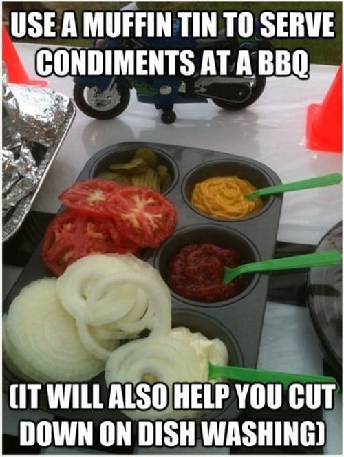 Probably one of the most time saving ideas I've ever seen! You could add all you sides or condiments to a muffin tin and set out for your guests!