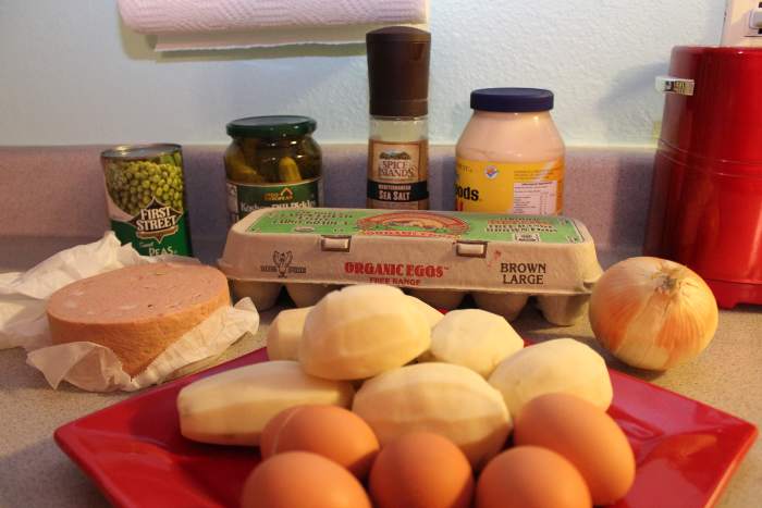 Olivier ingredients could be found in every kitchen: eggs, potatoes, pickles, onion, sweet peas, mayo and some kind of bologna.