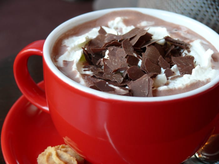 Steaming hot chocolate topped with whipped cream and chocolate shavings. What a tasty, warm treat.