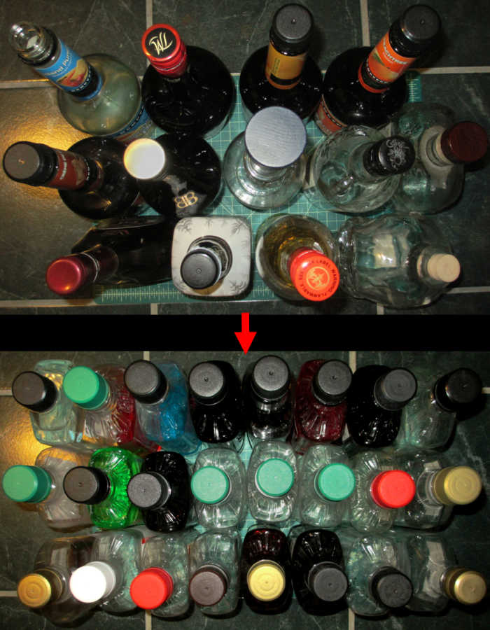 By laying out 750 ml bottles purchased from the store on a green mat, you can see how it only fits 13 different types of alcohol, compared to 24 types when transferred into the tall, flat, plastic 750 ml bottles.