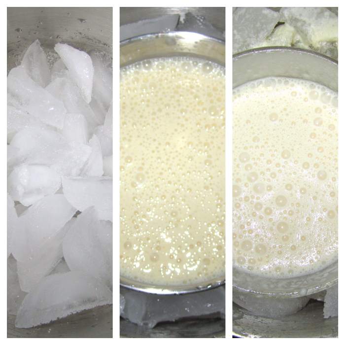 Left: The large mixing bowl filled with ice and salt. Center: The smaller mixing bowl filled with Dole mixture inside the larger bowl. Right: Mixing bowls after being frozen for 45 minutes.