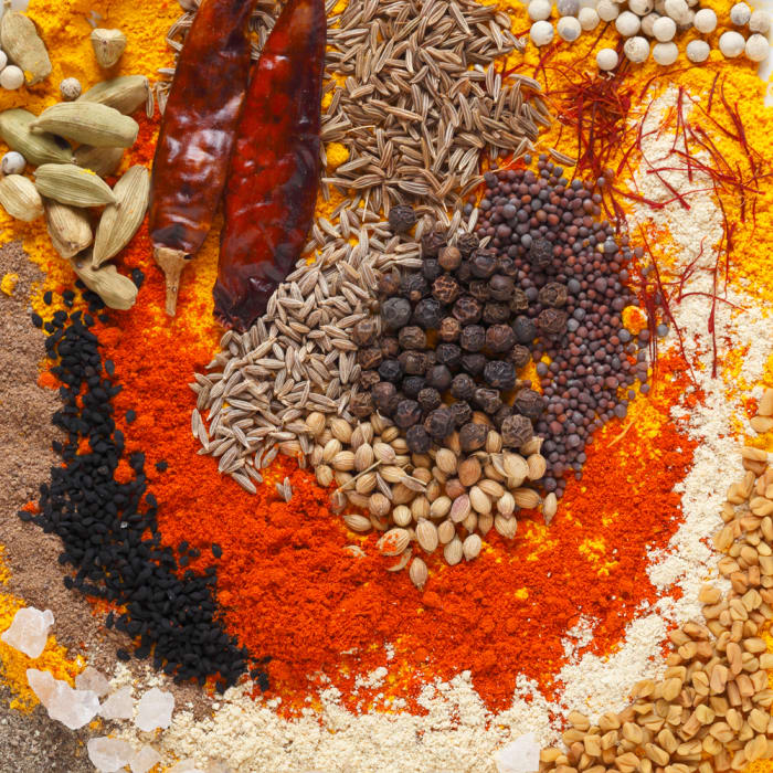 Curry spices: Black pepper, coriander seeds, black mustard seeds, cumin seeds; dried chillies, chilli powder, caraway seeds, saffron strands, white peppercorns, turmeric powder, fenugreek powder and seeds. Image: © Paul_Cowan - Depositphotos.com