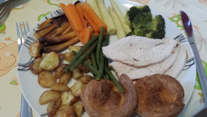 Doesn't this look appetising? Gluten-free Yorkshire puddings are an important part of a delicious sunday roast (apologies to the purists as this meal is with turkey rather than beef, but I think that Yorkshires go with all meats).