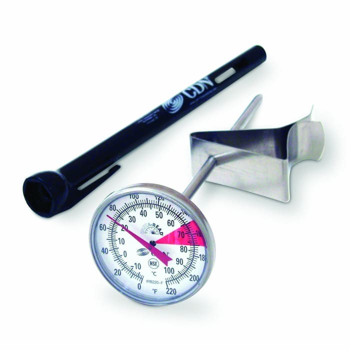The CDN IRB220-F ProAccurate Insta-Read is an ideal device for use with a smaller frothing pitcher. It's easy to read and accurate dial won't get in the way of your wand and the CDN IRB220-F won't take up too much space in your kitchen drawer.
