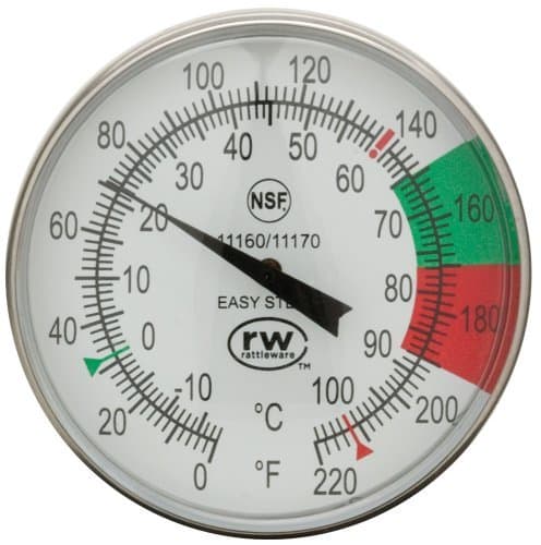 The Rattleware 5-Inch Easy Steam Thermometer is perfect for medium and large sized pitchers. It has a long clip to hold the thermometer firmly in place and the dial is very easy to read, with green and red zones, as well measurements in both F and C